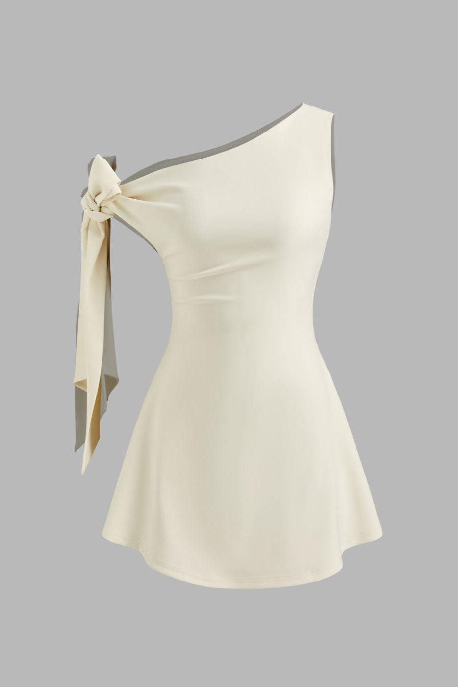 MARTA – Vestido Corto Asimétrico con Lazo en Hombro en Blanco Marfil