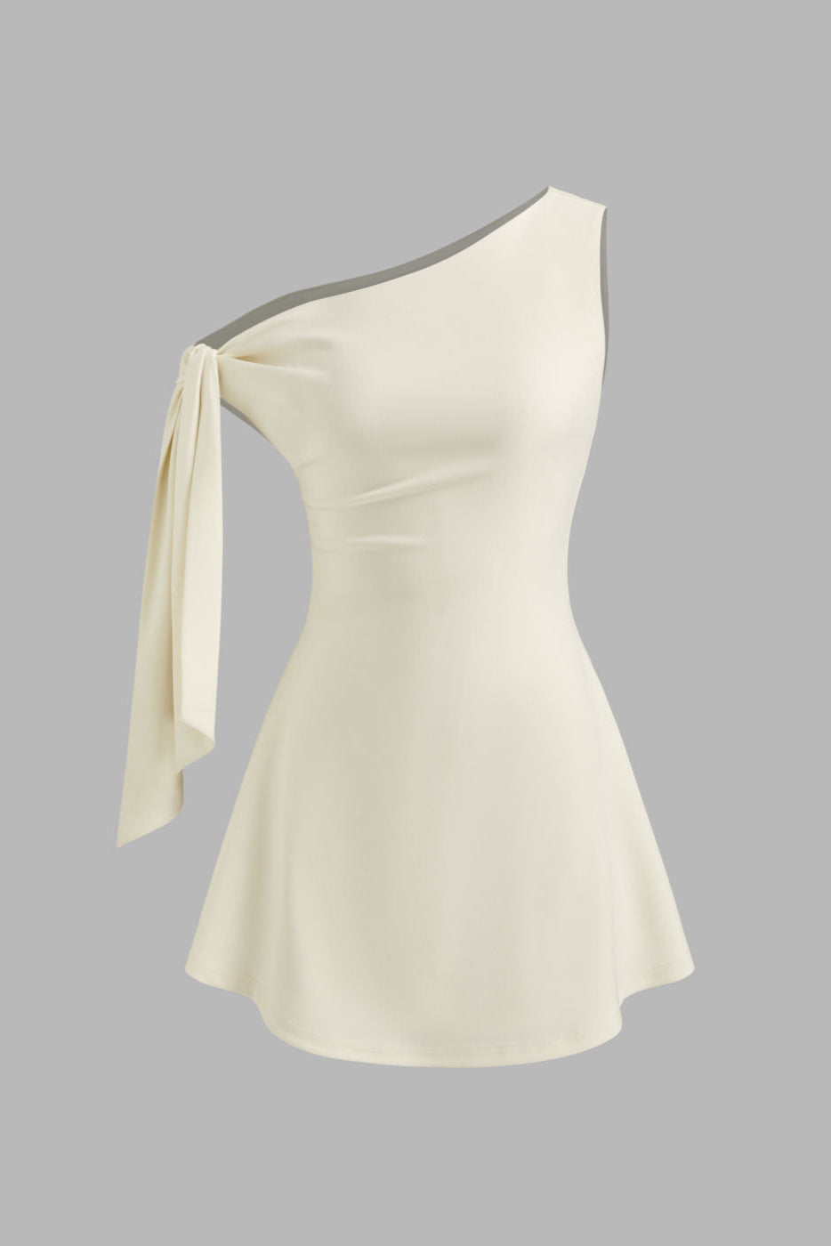MARTA – Vestido Corto Asimétrico con Lazo en Hombro en Blanco Marfil