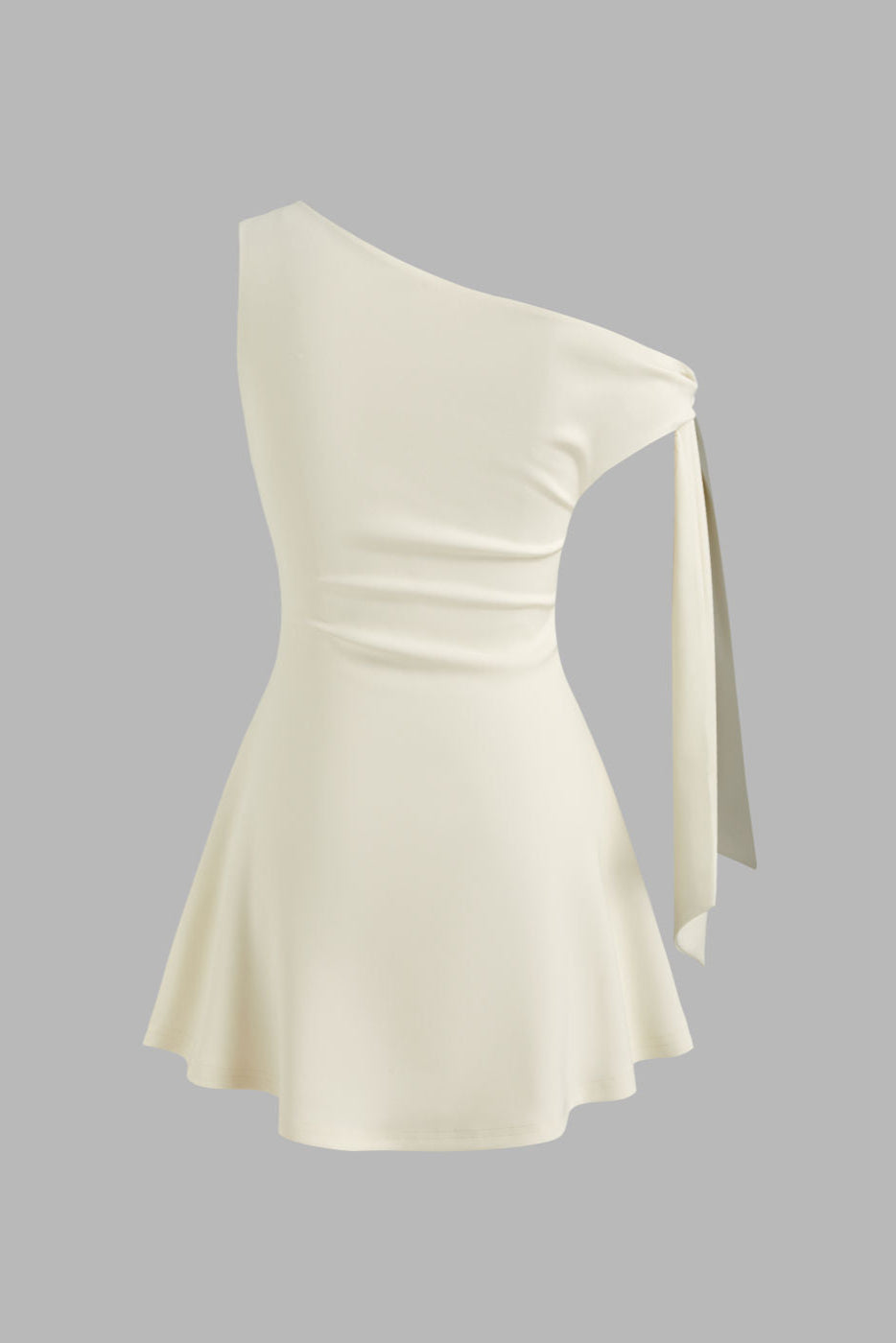 MARTA – Vestido Corto Asimétrico con Lazo en Hombro en Blanco Marfil