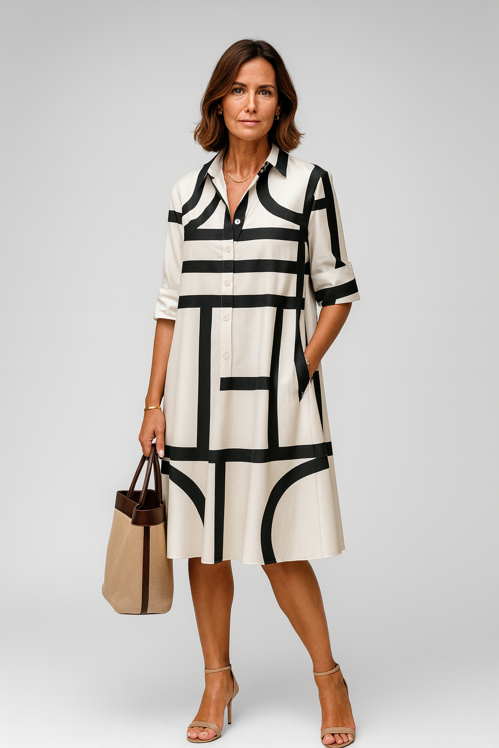 ALBA – Vestido Camisero Midi con Estampado Geométrico en Blanco y Negro