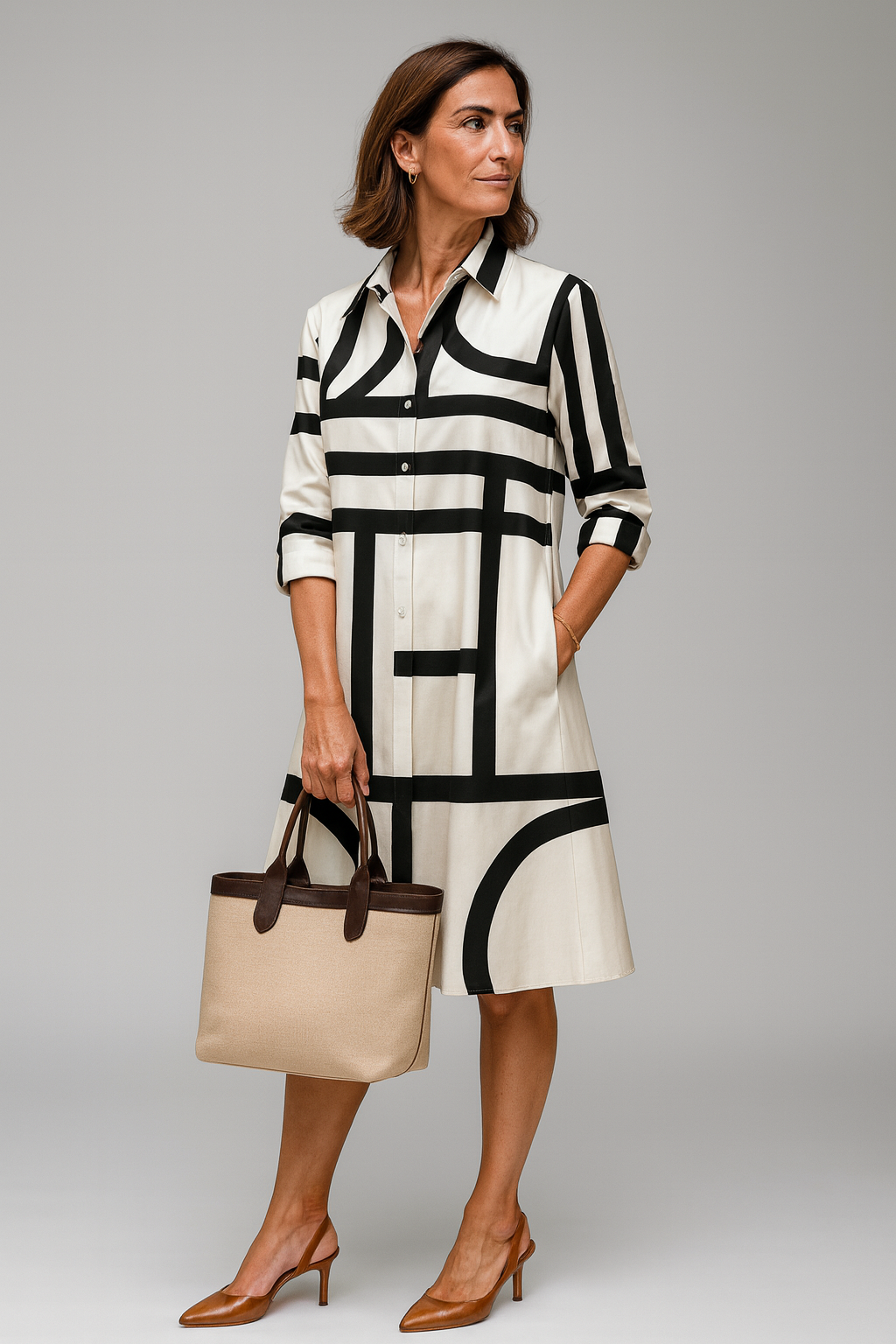 ALBA – Vestido Camisero Midi con Estampado Geométrico en Blanco y Negro