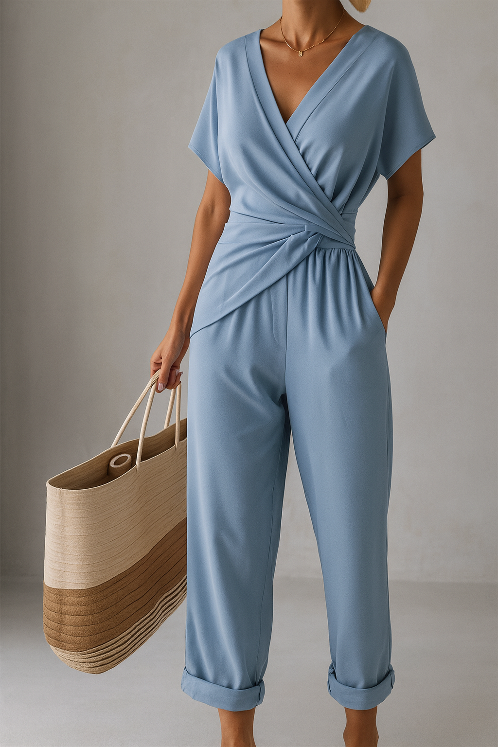 ALMA – Mono Elegante con Escote en V y Nudo Drapeado en la Cintura