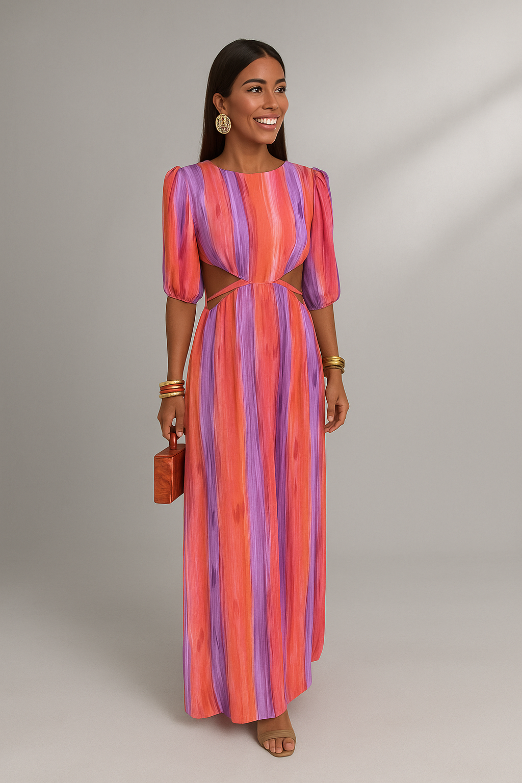 VALERIA – Vestido Largo con Rayas Vibrantes y Detalle Cut-Out en la Cintura