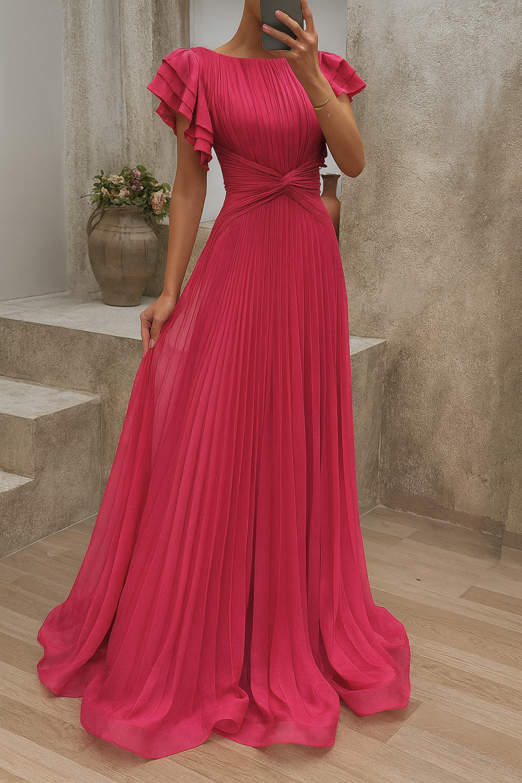 VEGA – Vestido Elegante Largo con Manga de Volantes y Cintura Definida