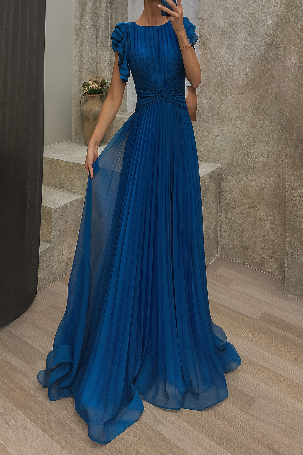 VEGA – Vestido Elegante Largo con Manga de Volantes y Cintura Definida