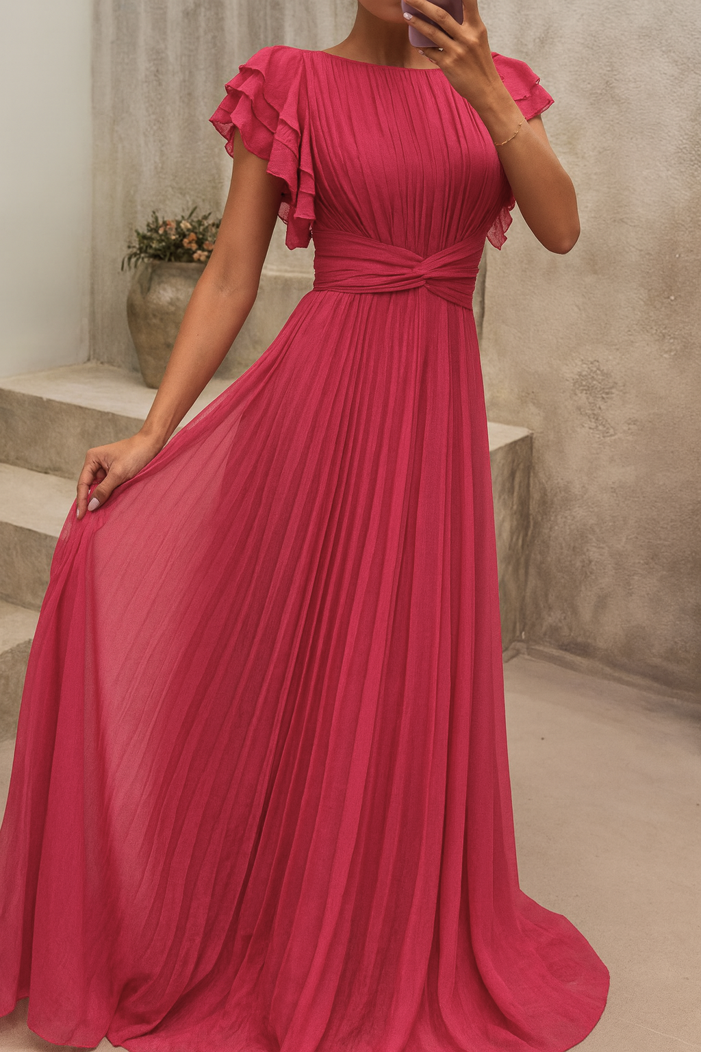 VEGA – Vestido Elegante Largo con Manga de Volantes y Cintura Definida