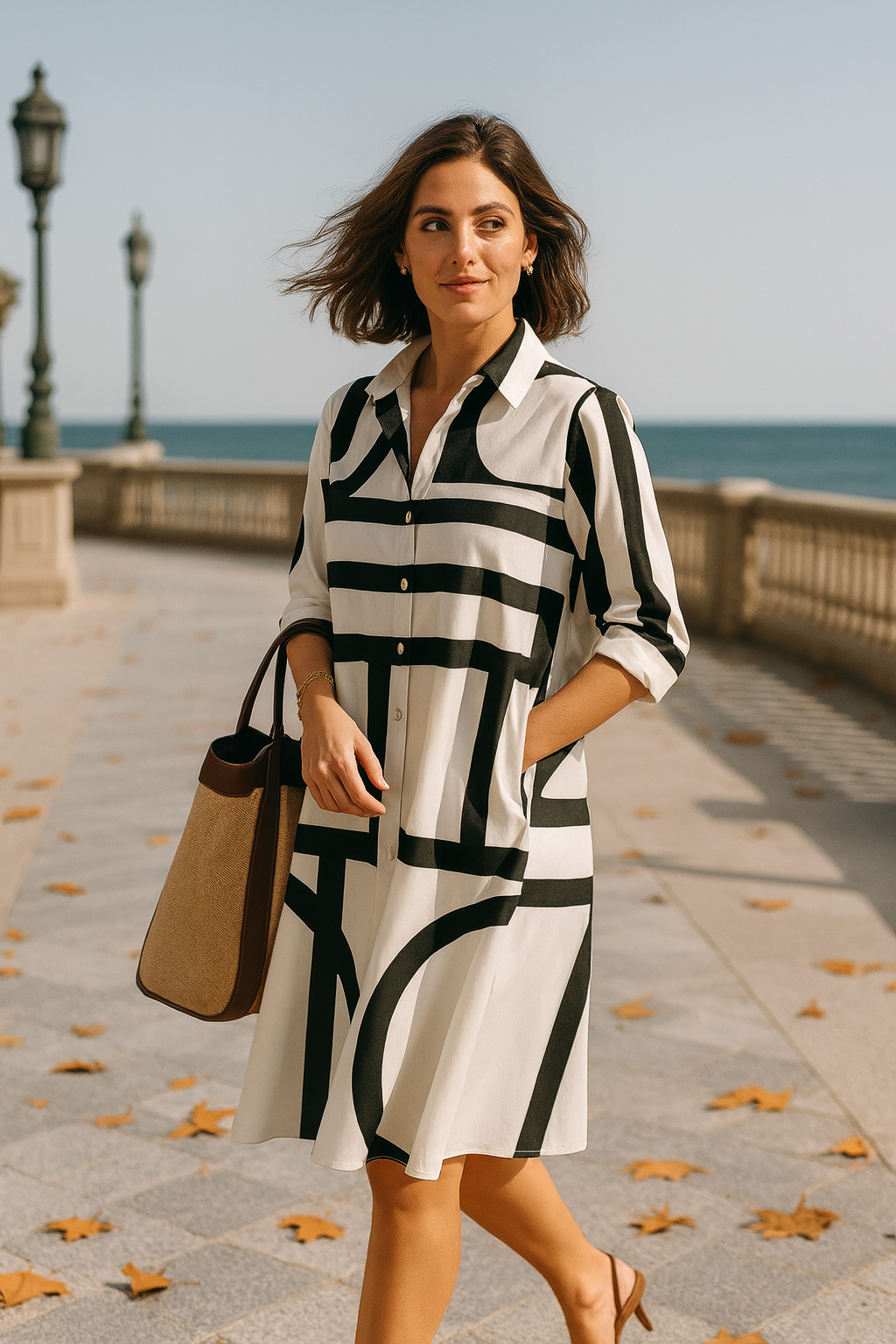ALBA – Vestido Camisero Midi con Estampado Geométrico en Blanco y Negro