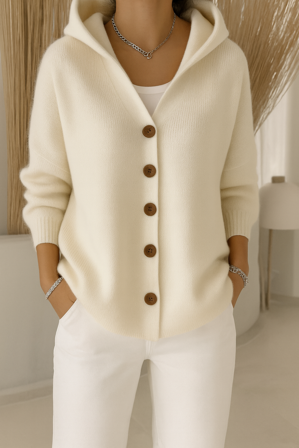CELIA – Cardigan de Punto Suave con Capucha y Botones de Madera