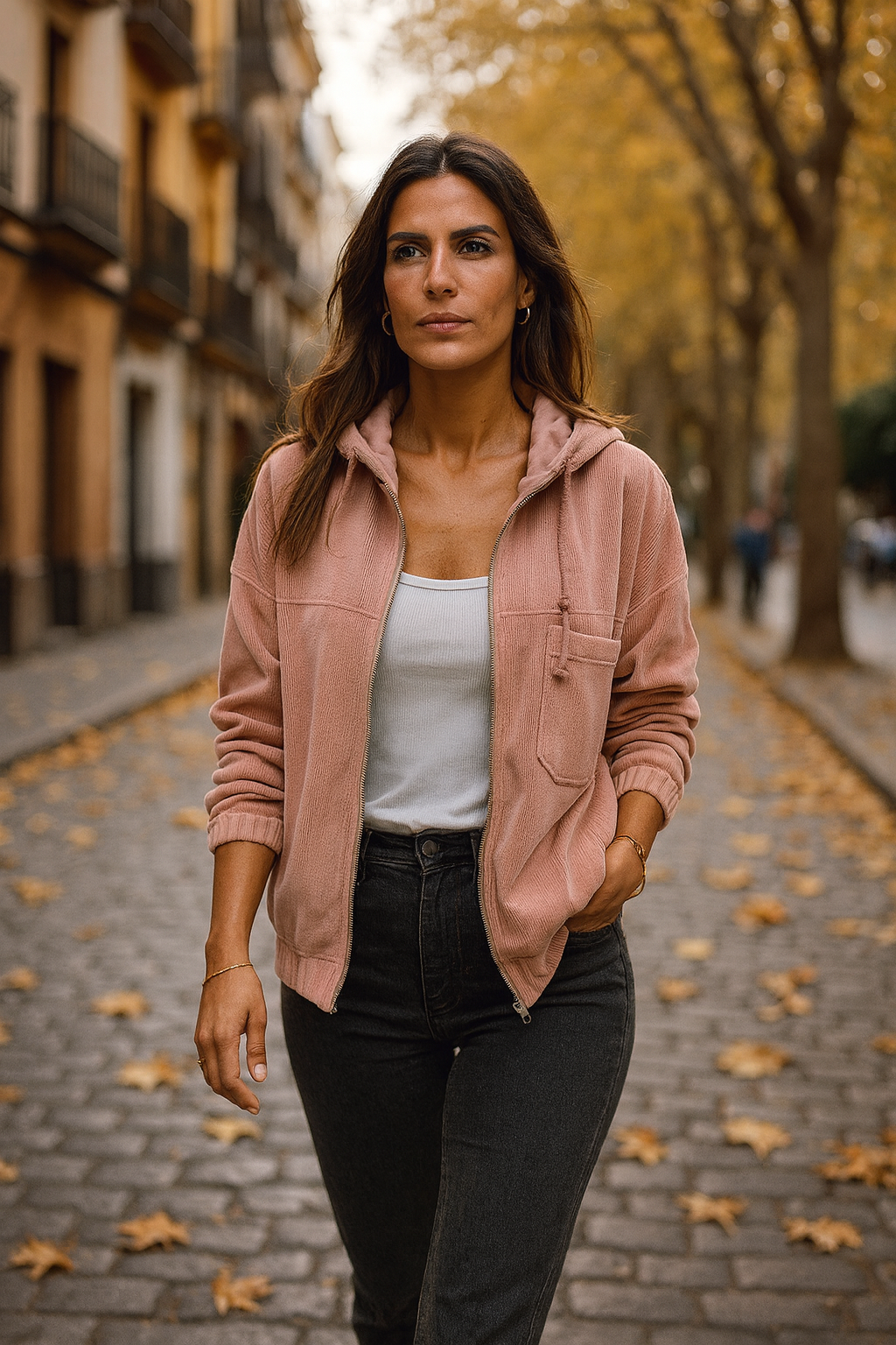 CLARA – Chaqueta de Pana con Capucha y Cremallera