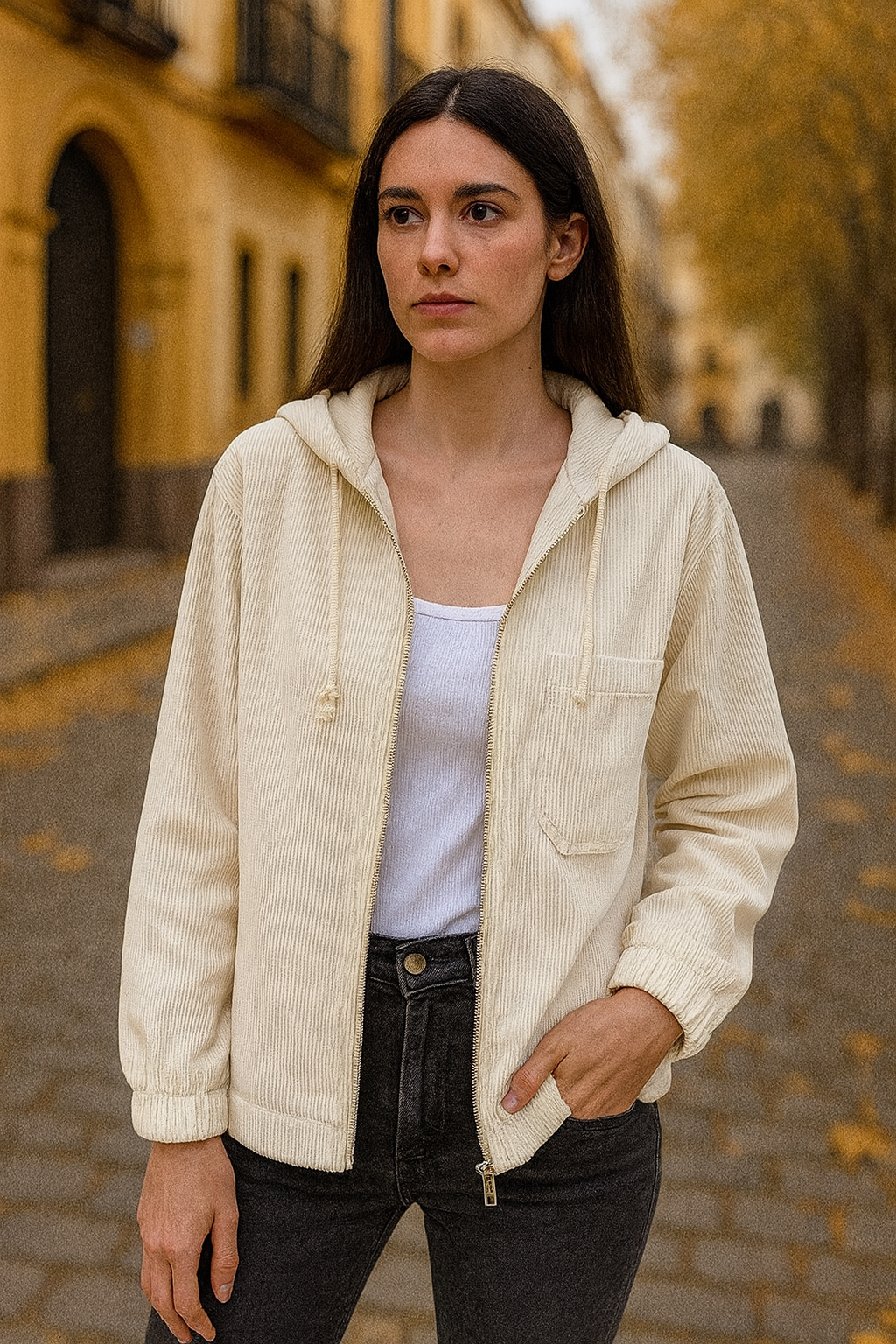 CLARA – Chaqueta de Pana con Capucha y Cremallera