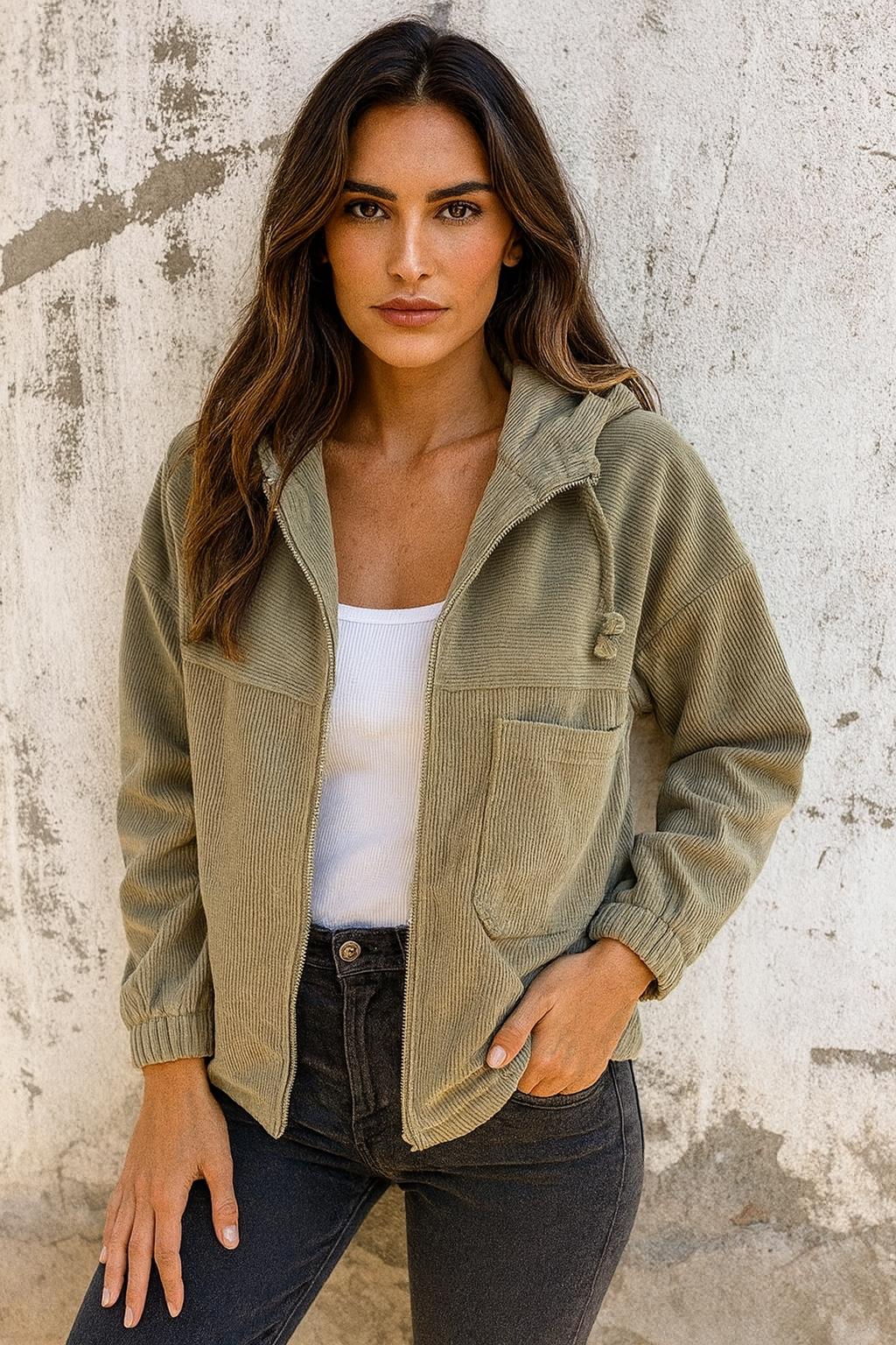 CLARA – Chaqueta de Pana con Capucha y Cremallera