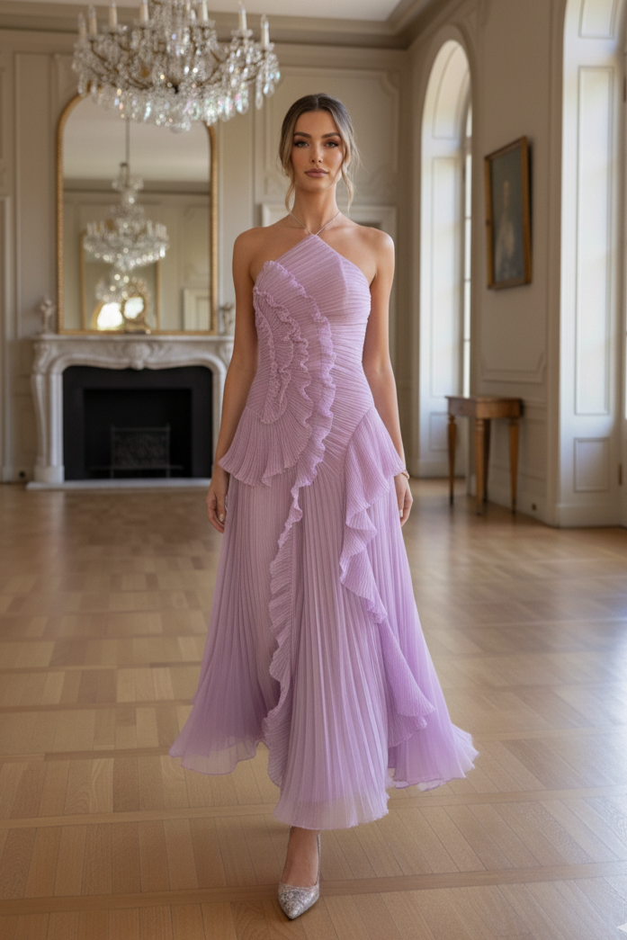 SOFÍA – Vestido Largo Plisado con Espalda Descubierta y Volantes Asimétricos