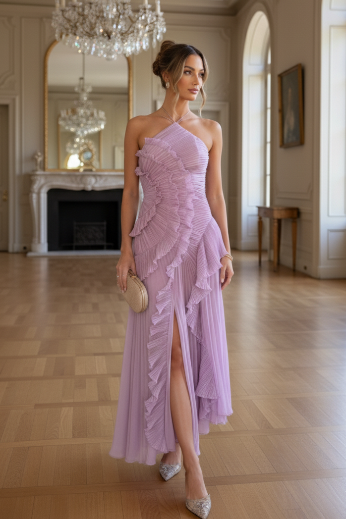 SOFÍA – Vestido Largo Plisado con Espalda Descubierta y Volantes Asimétricos