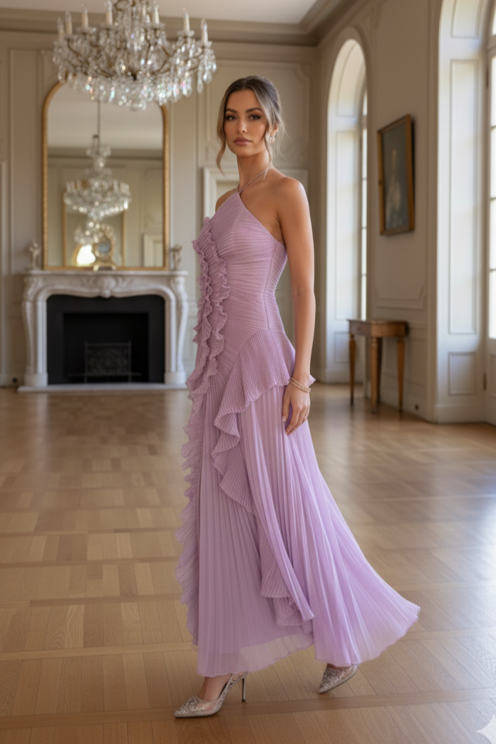 SOFÍA – Vestido Largo Plisado con Espalda Descubierta y Volantes Asimétricos
