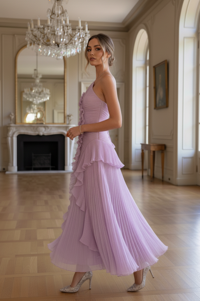 SOFÍA – Vestido Largo Plisado con Espalda Descubierta y Volantes Asimétricos