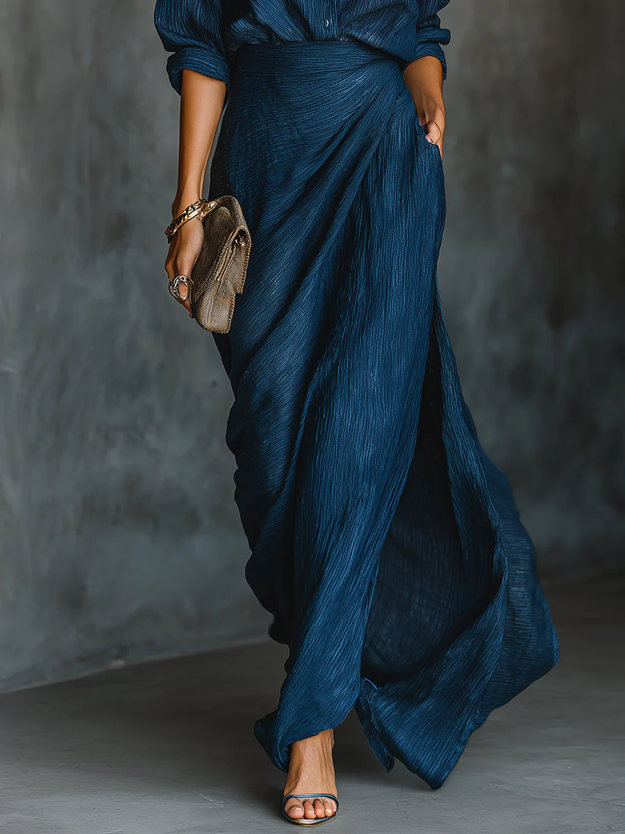 KORI – Elegante conjunto de camisa y falda larga en mezcla de algodón y lino azul oscuro
