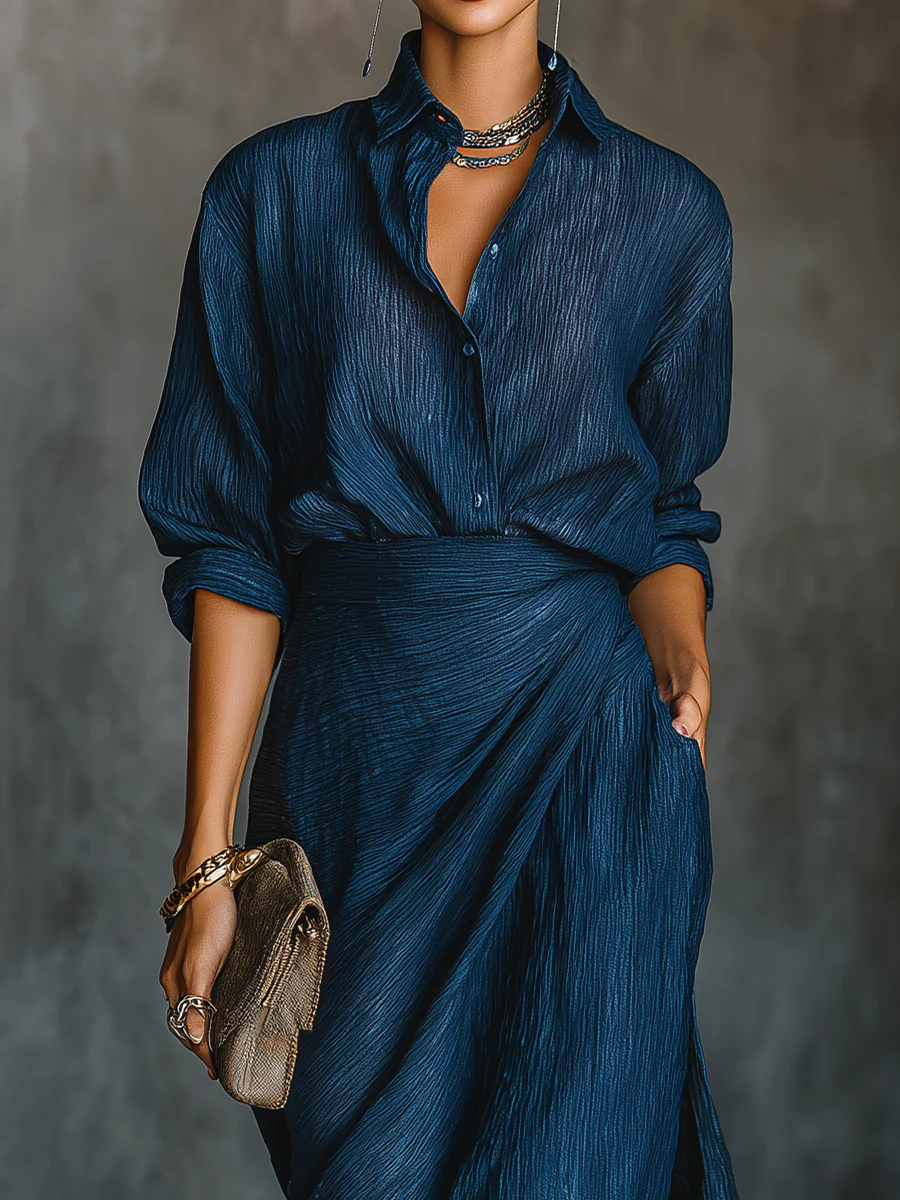 KORI – Elegante conjunto de camisa y falda larga en mezcla de algodón y lino azul oscuro