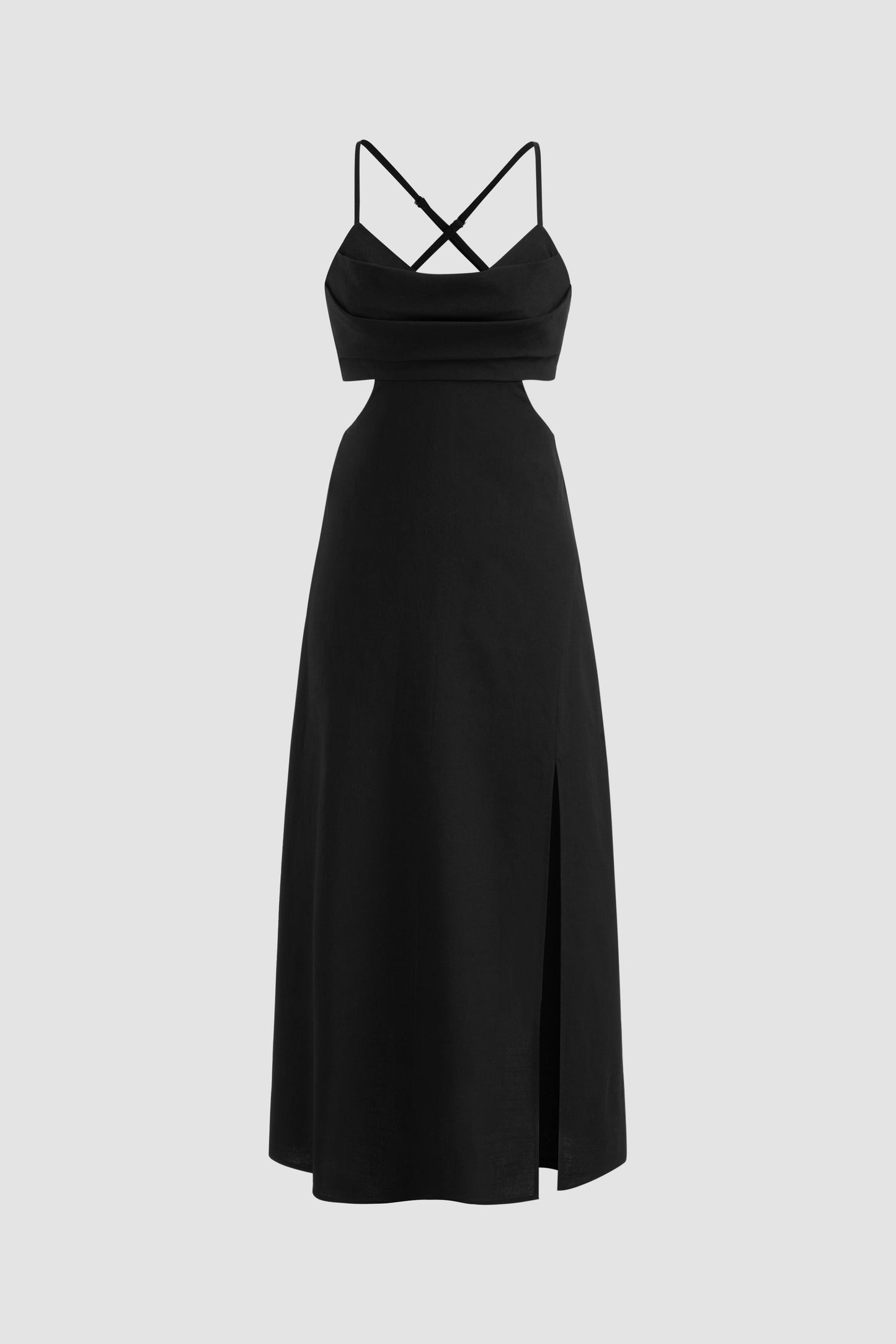 ALBA – Vestido Largo con Cut Out y Abertura Lateral en Negro Elegante
