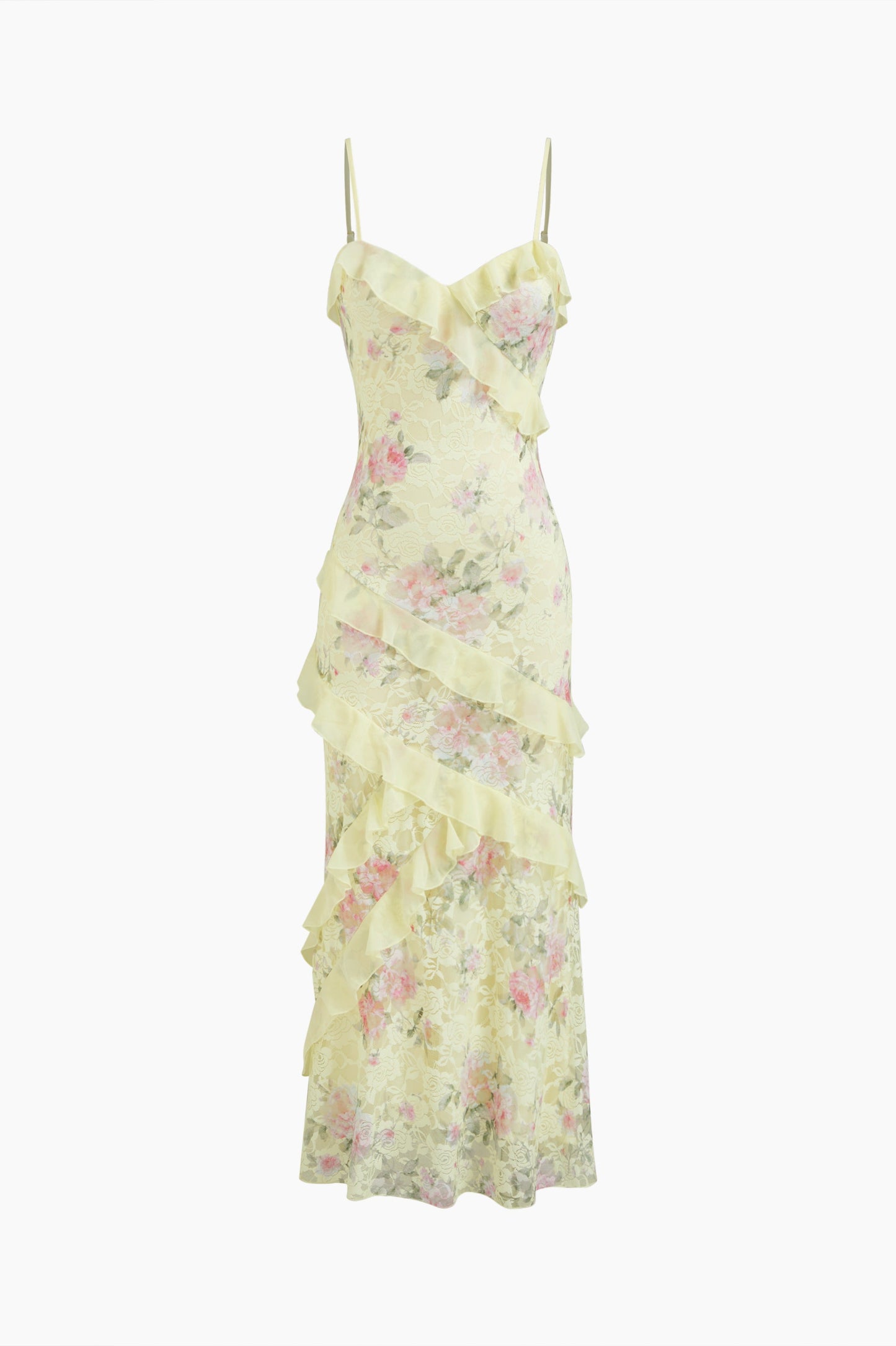 PAULA – Vestido Midi Floral con Volantes Asimétricos en Amarillo Pastel