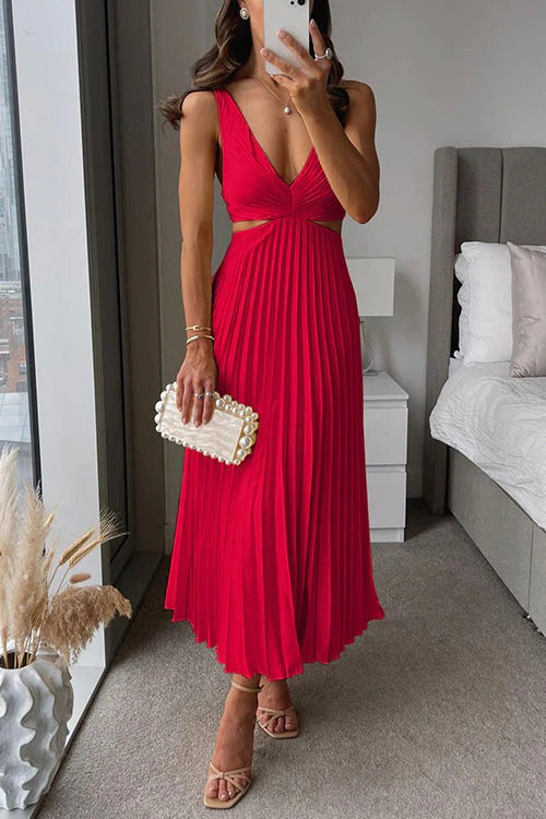 SERENA – Vestido Midi Plisado con Escote en V y Cut-Out en la Cintura