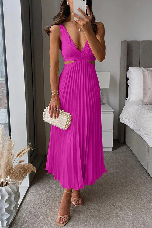SERENA – Vestido Midi Plisado con Escote en V y Cut-Out en la Cintura