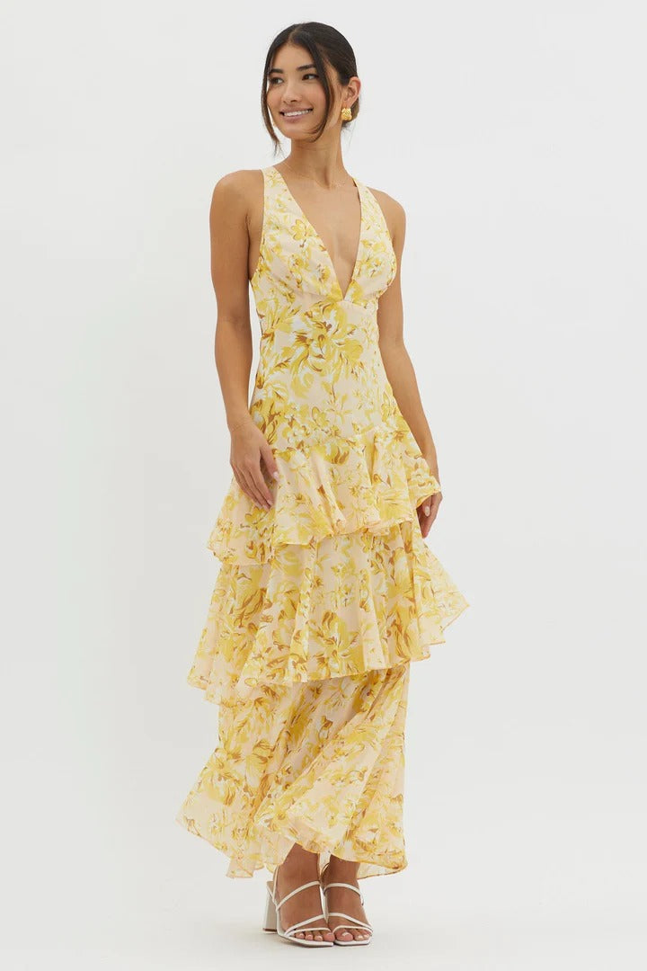 LORENA – Vestido Largo en Gasa con Espalda Descubierta y Volantes Florales
