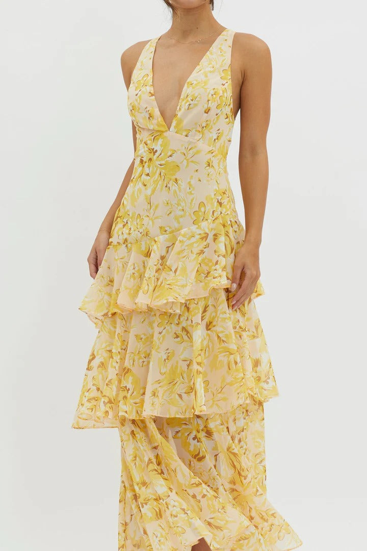 LORENA – Vestido Largo en Gasa con Espalda Descubierta y Volantes Florales