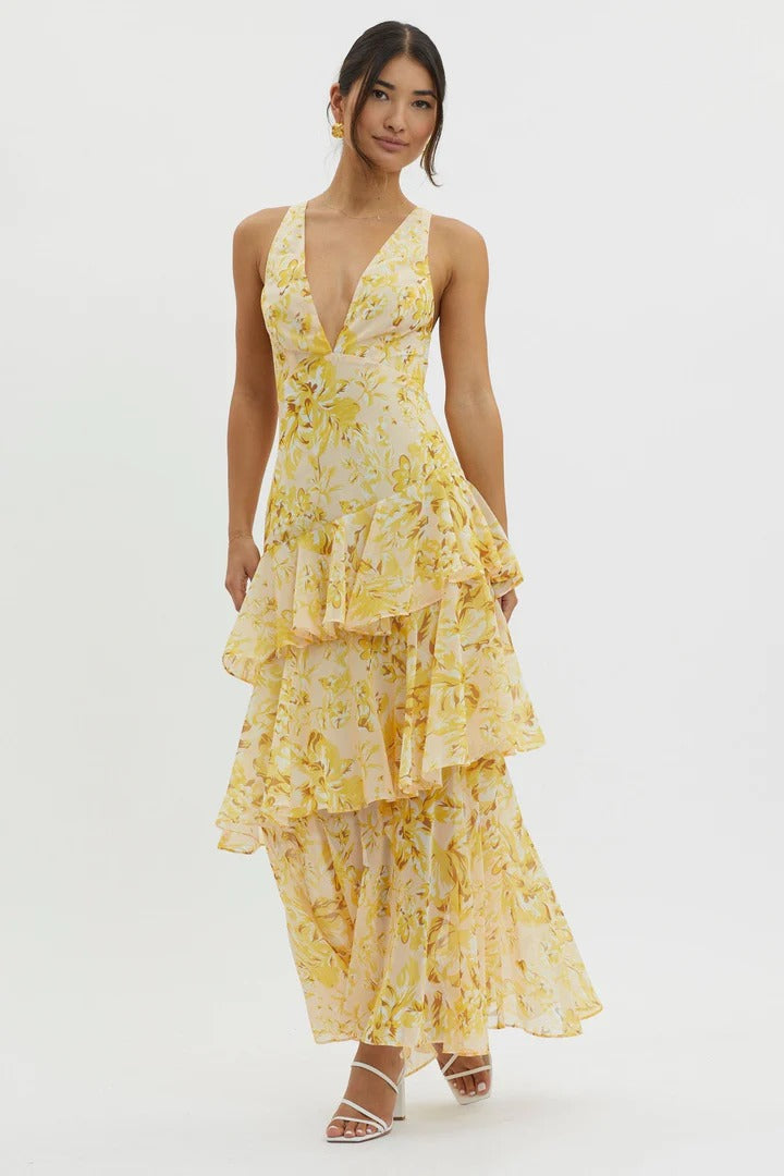 LORENA – Vestido Largo en Gasa con Espalda Descubierta y Volantes Florales