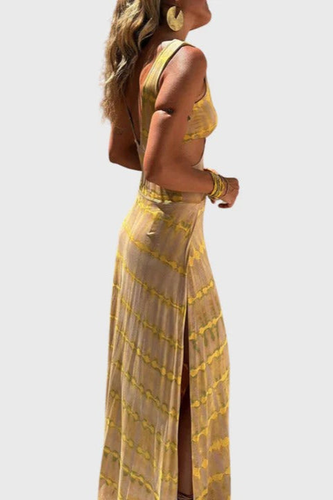 CAMILLE – Vestido Largo Boho con Aberturas en la Cintura y Escote en V