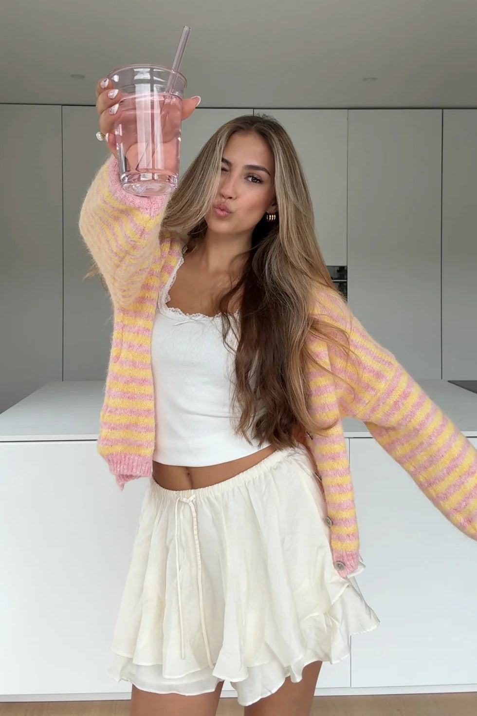 LIA – Cárdigan de Punto Suave a Rayas Color Melocotón