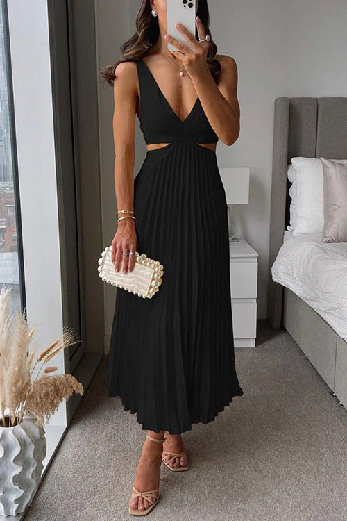 SERENA – Vestido Midi Plisado con Escote en V y Cut-Out en la Cintura