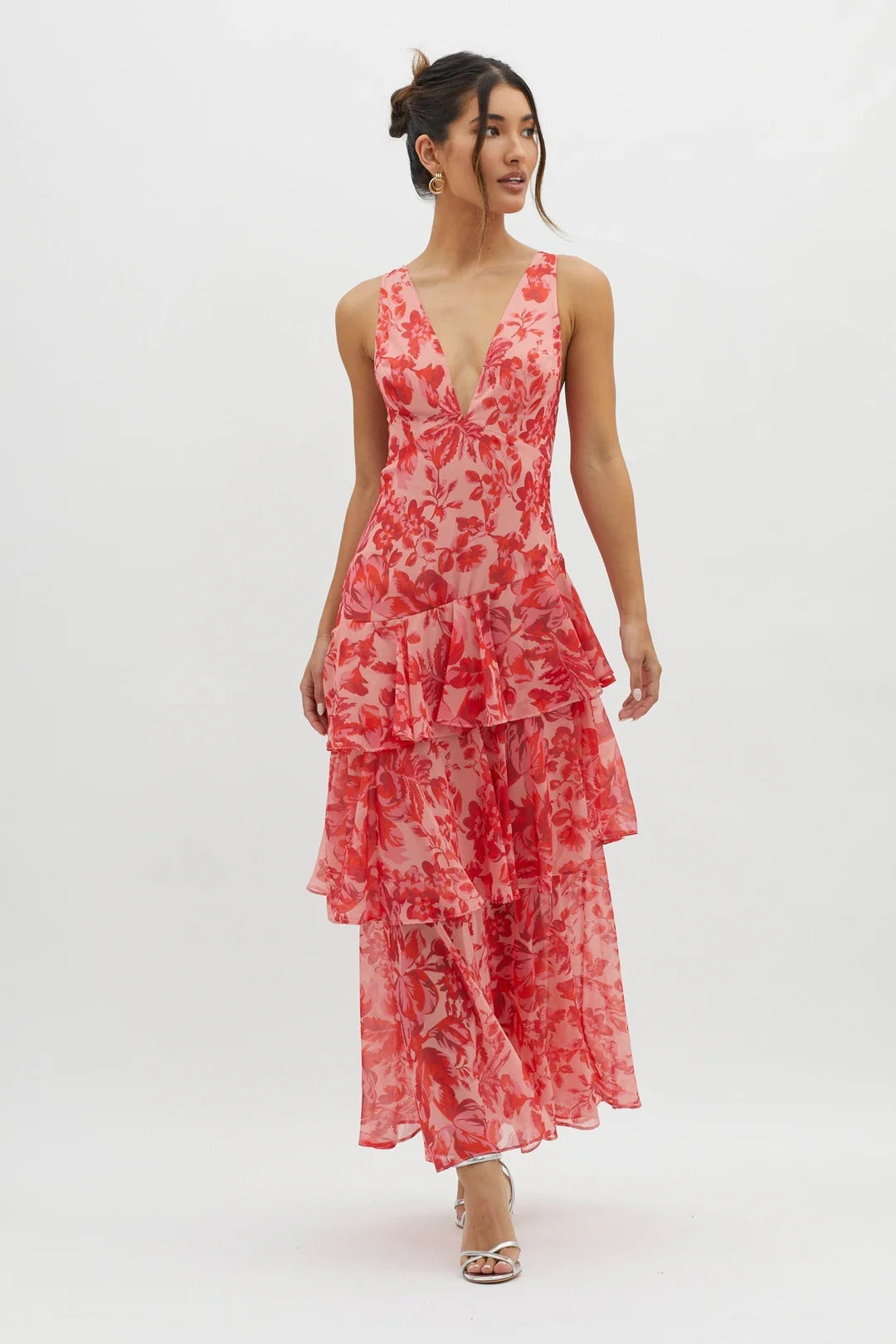 LORENA – Vestido Largo en Gasa con Espalda Descubierta y Volantes Florales