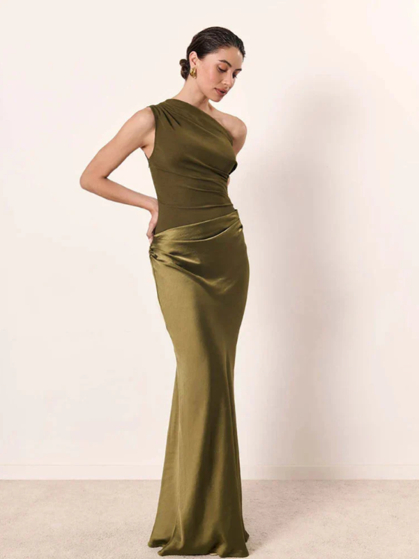 ALEIDA – Vestido Largo Asimétrico de Raso