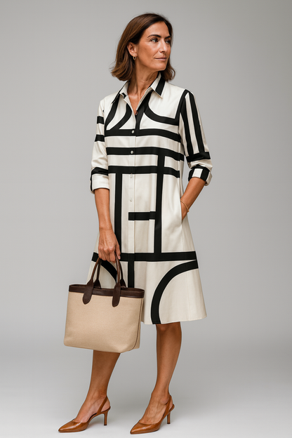 ALBA – Vestido Camisero Midi con Estampado Geométrico en Blanco y Negro