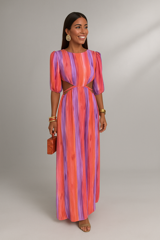 VALERIA – Vestido Largo con Rayas Vibrantes y Detalle Cut-Out en la Cintura