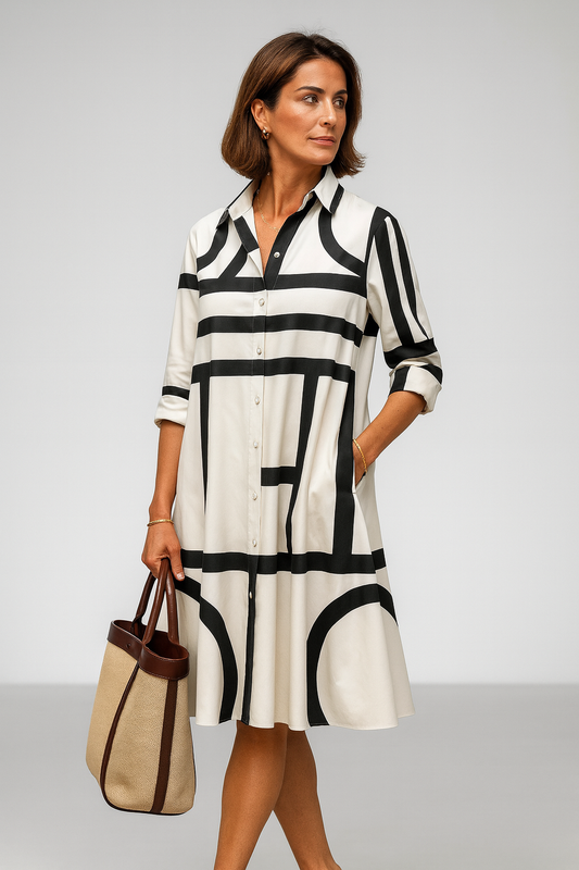 ALBA – Vestido Camisero Midi con Estampado Geométrico en Blanco y Negro