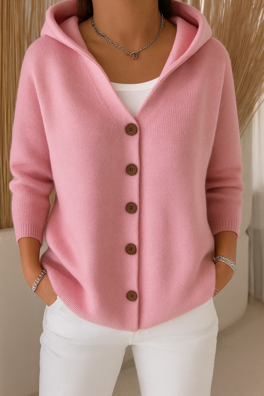 CELIA – Cardigan de Punto Suave con Capucha y Botones de Madera