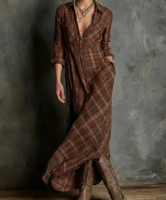 KARINA – Vestido largo a cuadros rojo