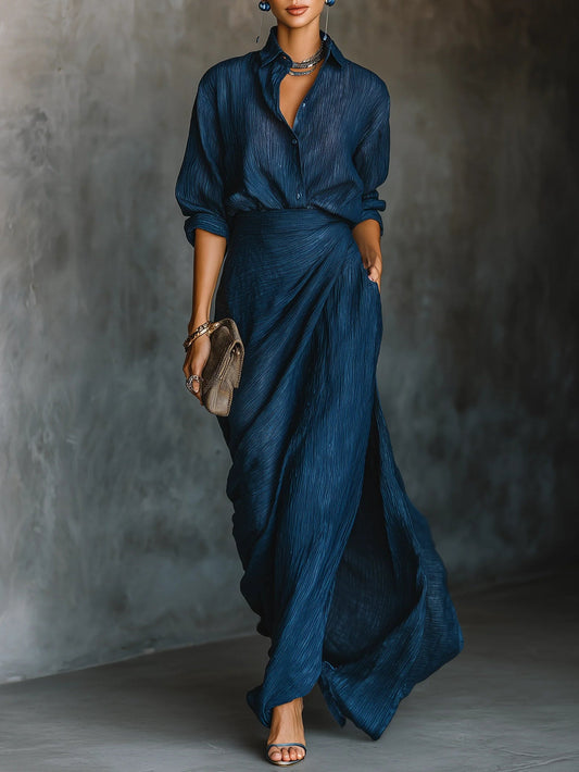 KORI – Elegante conjunto de camisa y falda larga en mezcla de algodón y lino azul oscuro