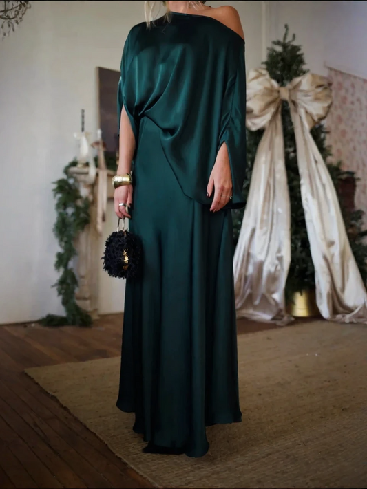 MERCEDES – Conjunto de top drapeado convertible y falda larga de corte en A