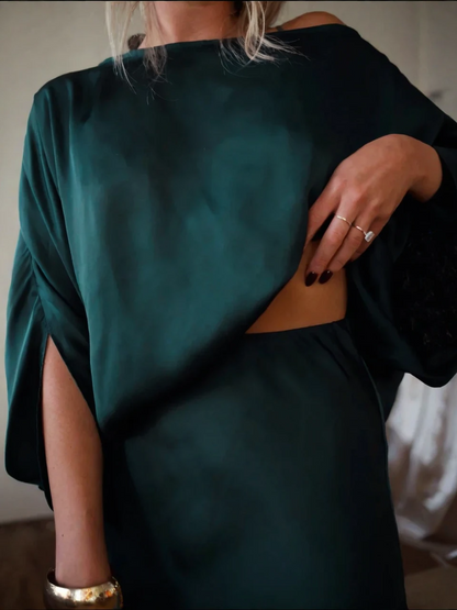 MERCEDES – Conjunto de top drapeado convertible y falda larga de corte en A