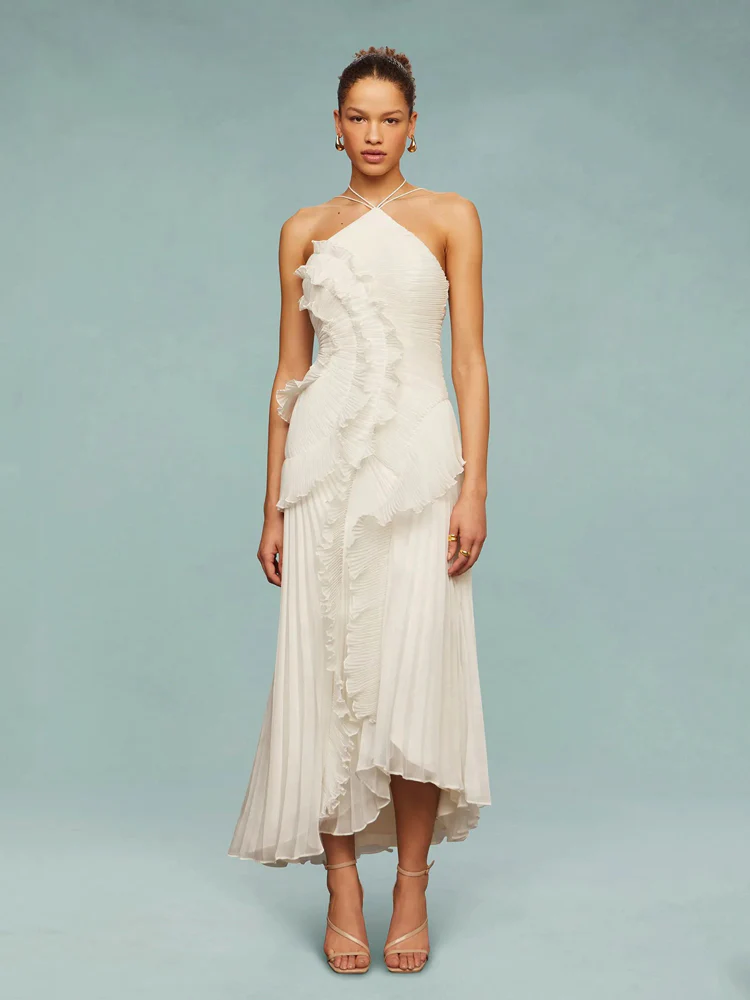 SOFÍA – Vestido Largo Plisado con Espalda Descubierta y Volantes Asimétricos