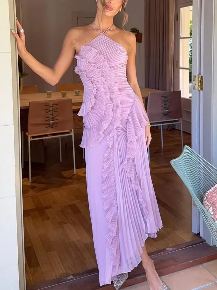 SOFÍA – Vestido Largo Plisado con Espalda Descubierta y Volantes Asimétricos