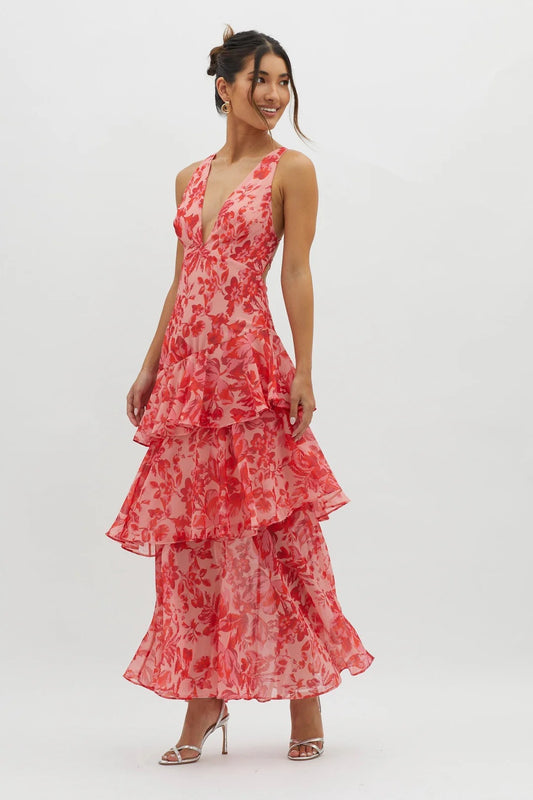 LORENA – Vestido Largo en Gasa con Espalda Descubierta y Volantes Florales