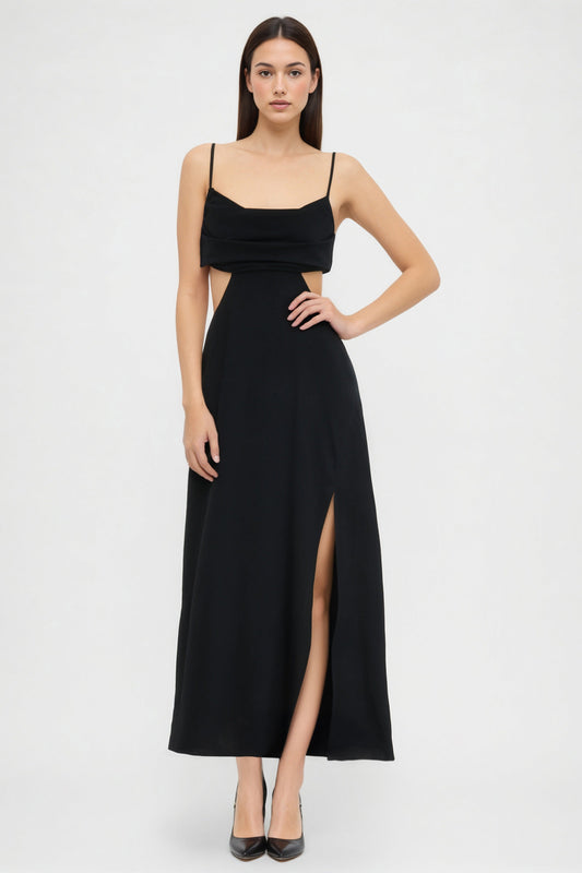 ALBA – Vestido Largo con Cut Out y Abertura Lateral en Negro Elegante